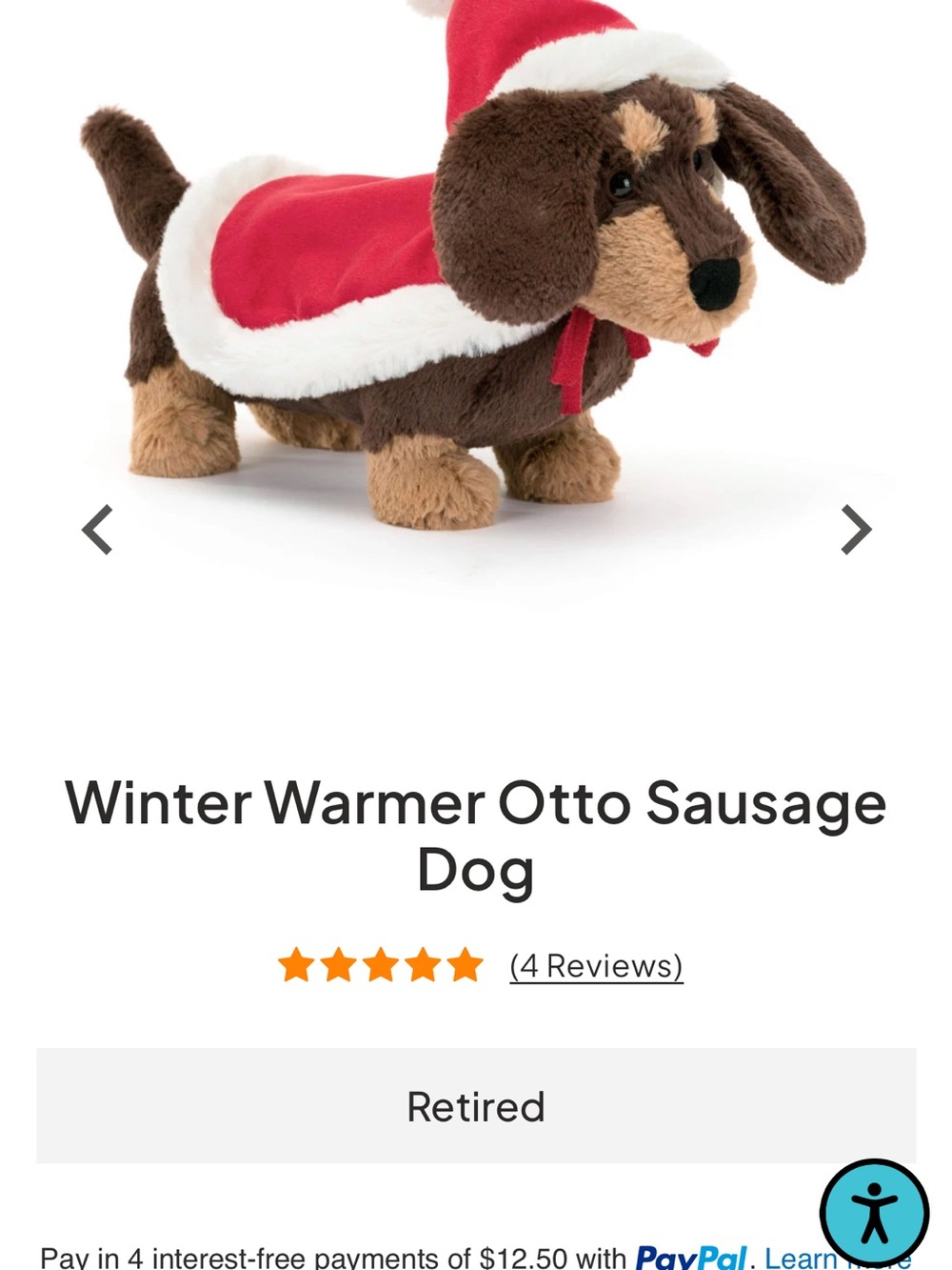 Jellycat Winter Otto Sausage Dog Plush - Red & Brown